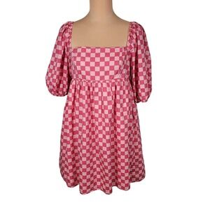 Pink Checkerboard Puff Sleeve Babydoll Mini Dress Milkmaid Lovecore Valentine M